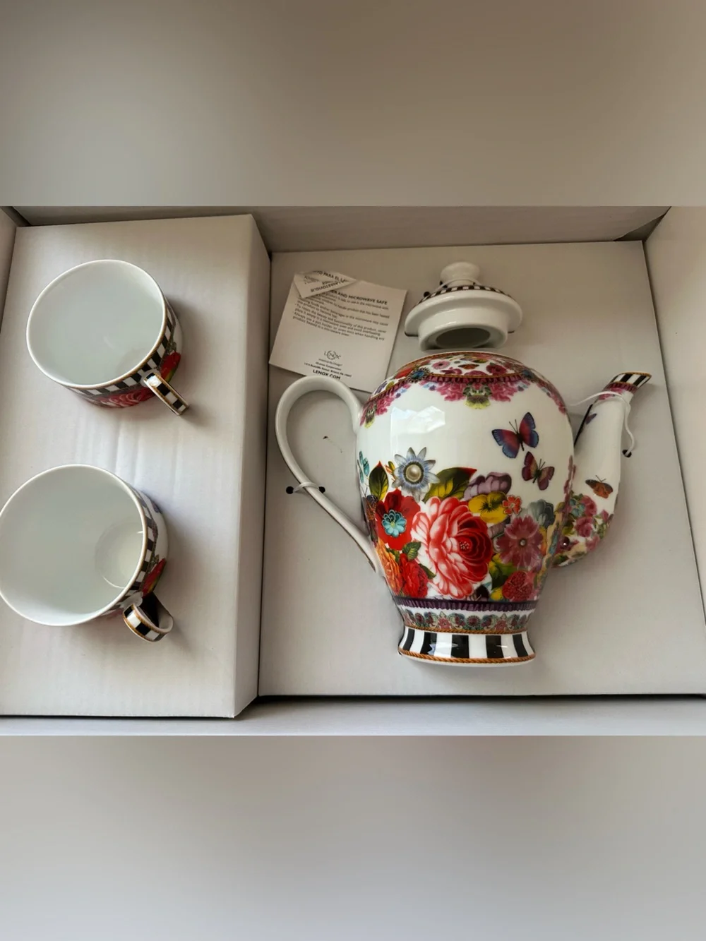 LENOX Melli Mello ELIZA STRIPE 5-Piece Tea Set Pot wLid Cups Saucers NEW Retired